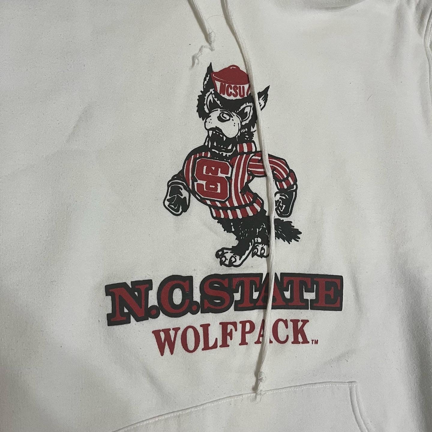 VINTAGE Russell Athletic NC State Double Layer Hoodie Sweatshirt - White (XL)