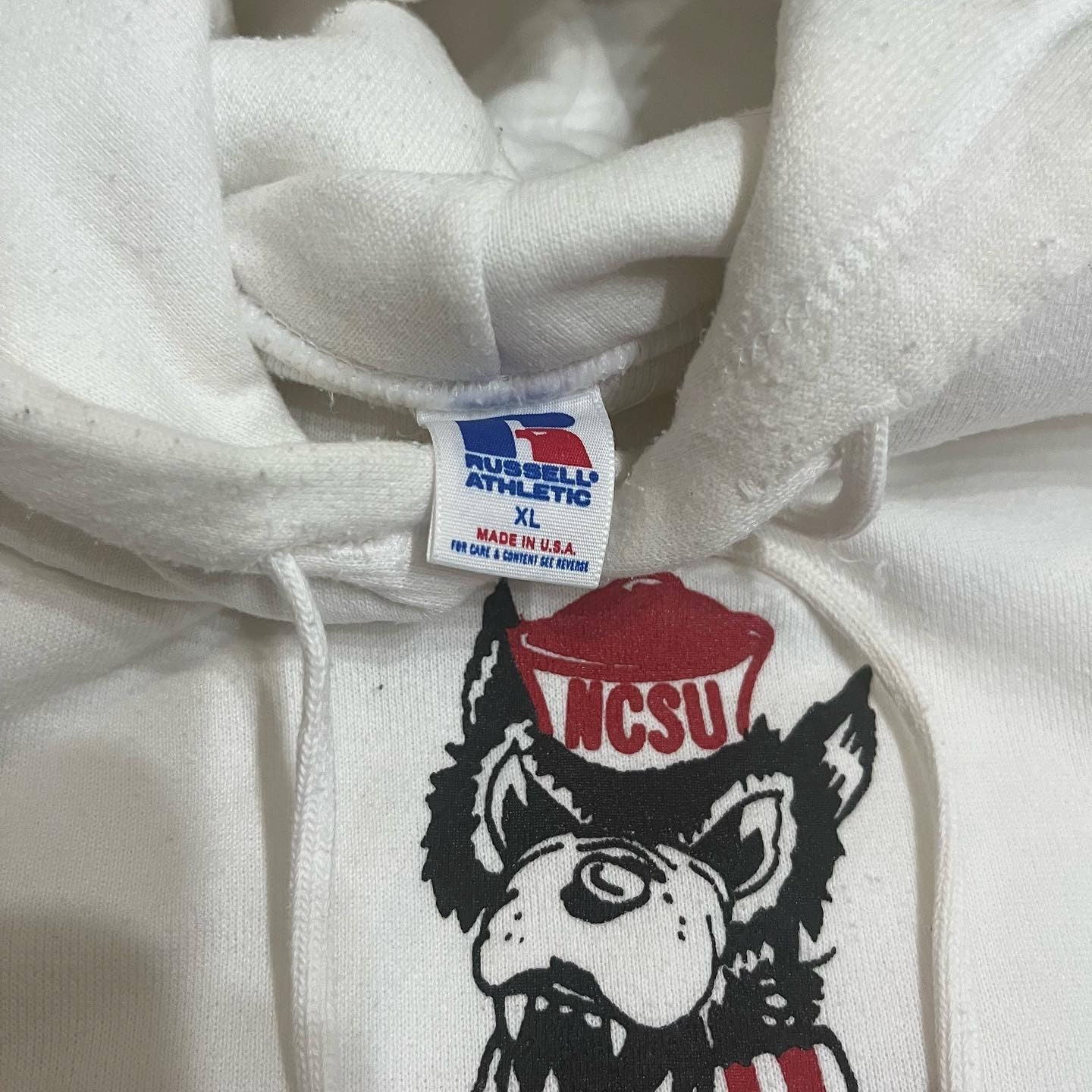 VINTAGE Russell Athletic NC State Double Layer Hoodie Sweatshirt - White (XL)