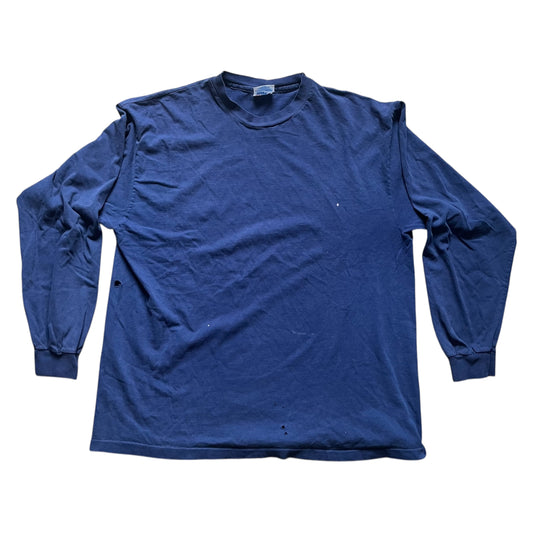 VINTAGE Hanes Beefy-T Distressed Long Sleeve T-Shirt - Navy (XL)