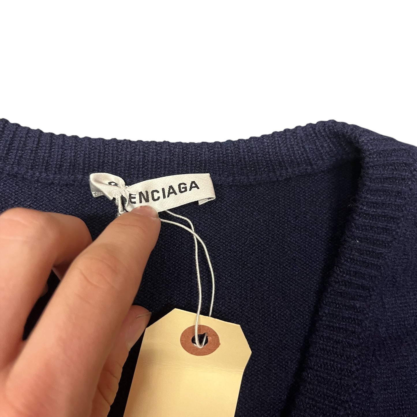 Balenciaga Cashmere Signature V-Neck Knit Sweater - Navy (Large)