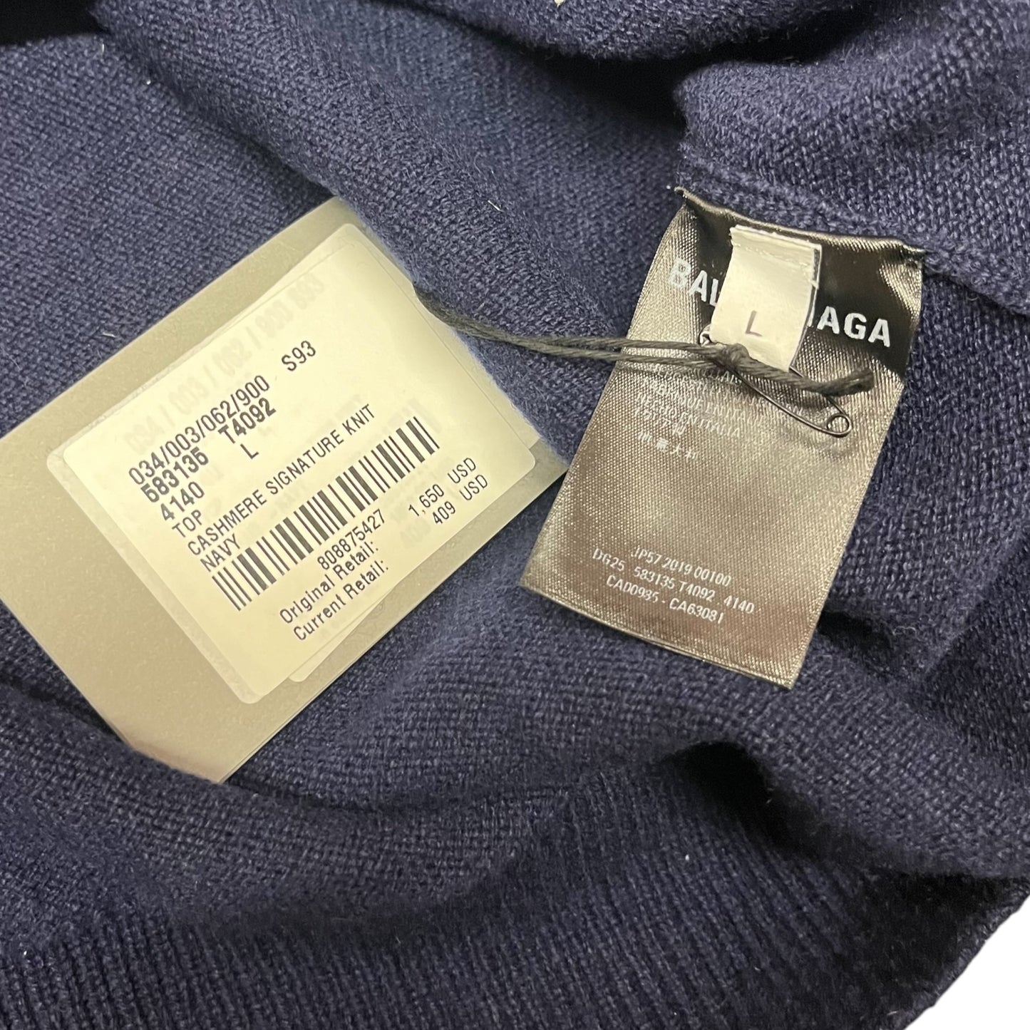 Balenciaga Cashmere Signature V-Neck Knit Sweater - Navy (Large)