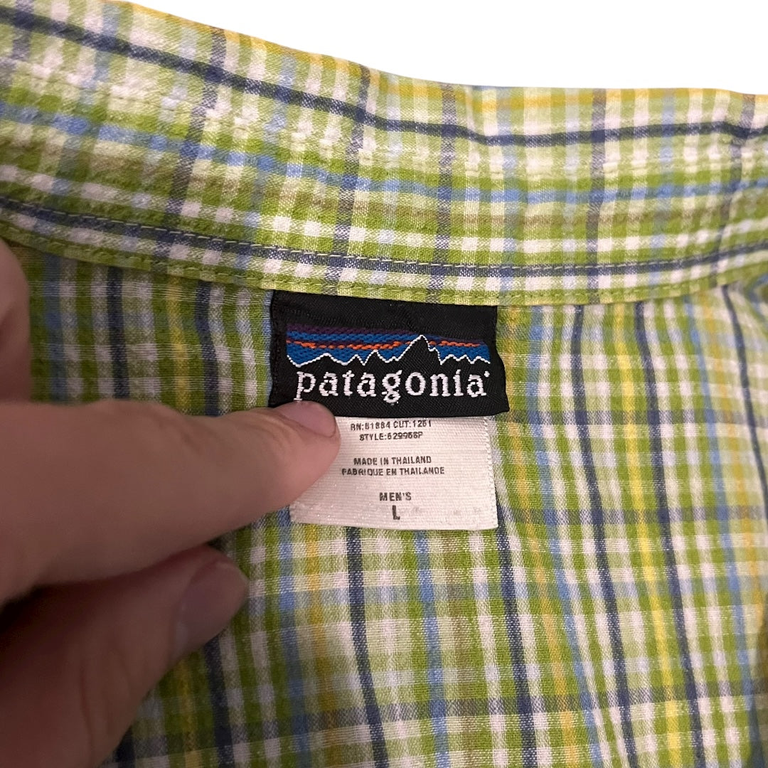 VINTAGE Patagonia Organic Cotton Plaid Button Up Shirt - Spring Green (Large)